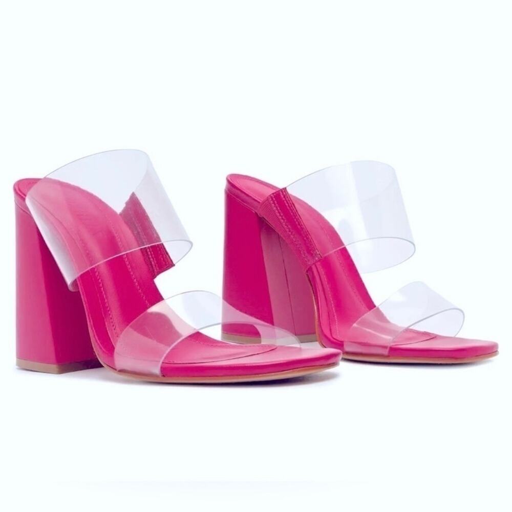 NEW Schutz Victorie Fuchsia Hot Pink Block Heel Clear Transparent Strap Heels
